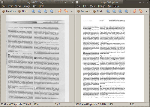 Problem z obciętym tekstem - z lewej oryginalny skan z prawej efekt unpaper